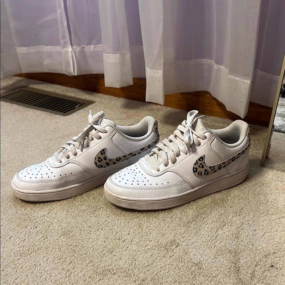 White Nike Sneakers with Leopard Print Swoosh